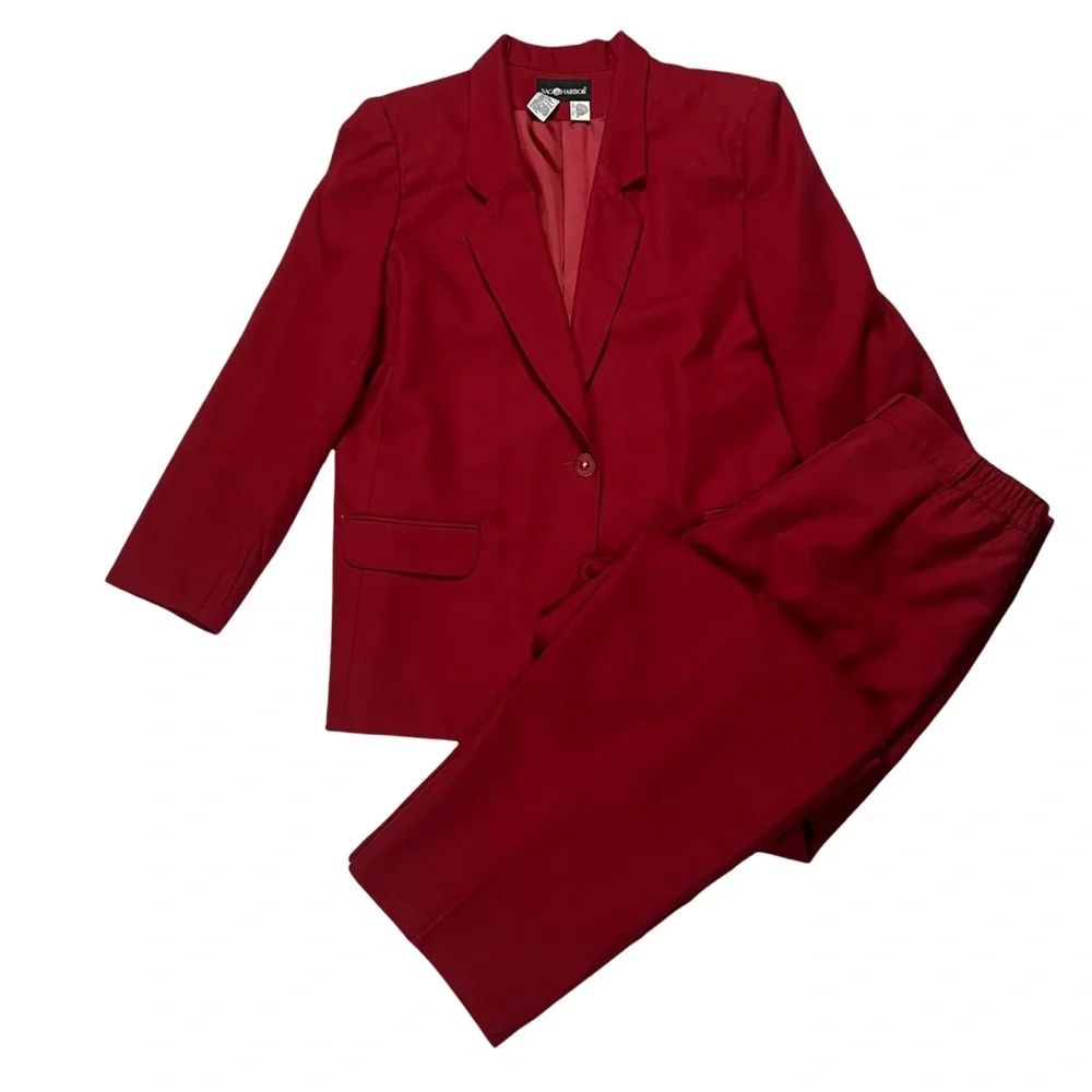 Sag Harbor Vintage 2 piece Red pant suit Jacket Sz 16 Pants 100% Wool